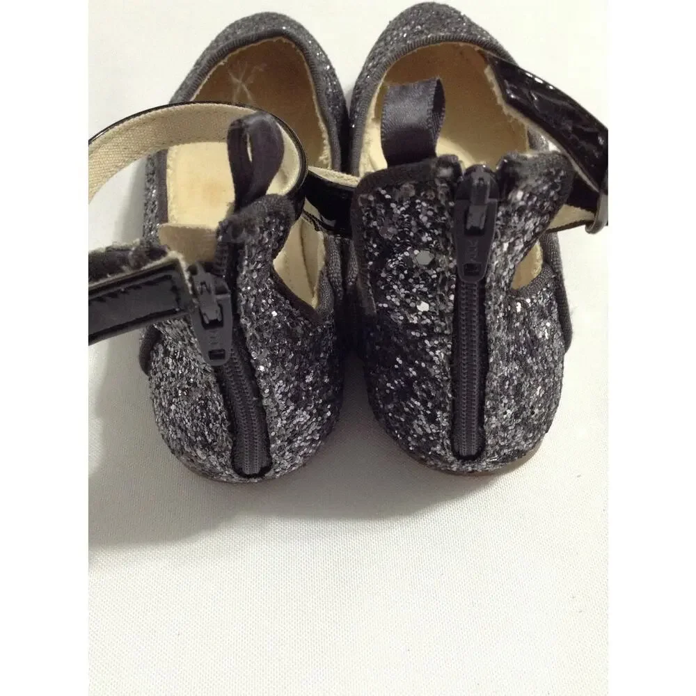 GAP Kids Girls Silver Glitter Ballet Flats Ankle Strap Dress Shoe Zipper Size 12